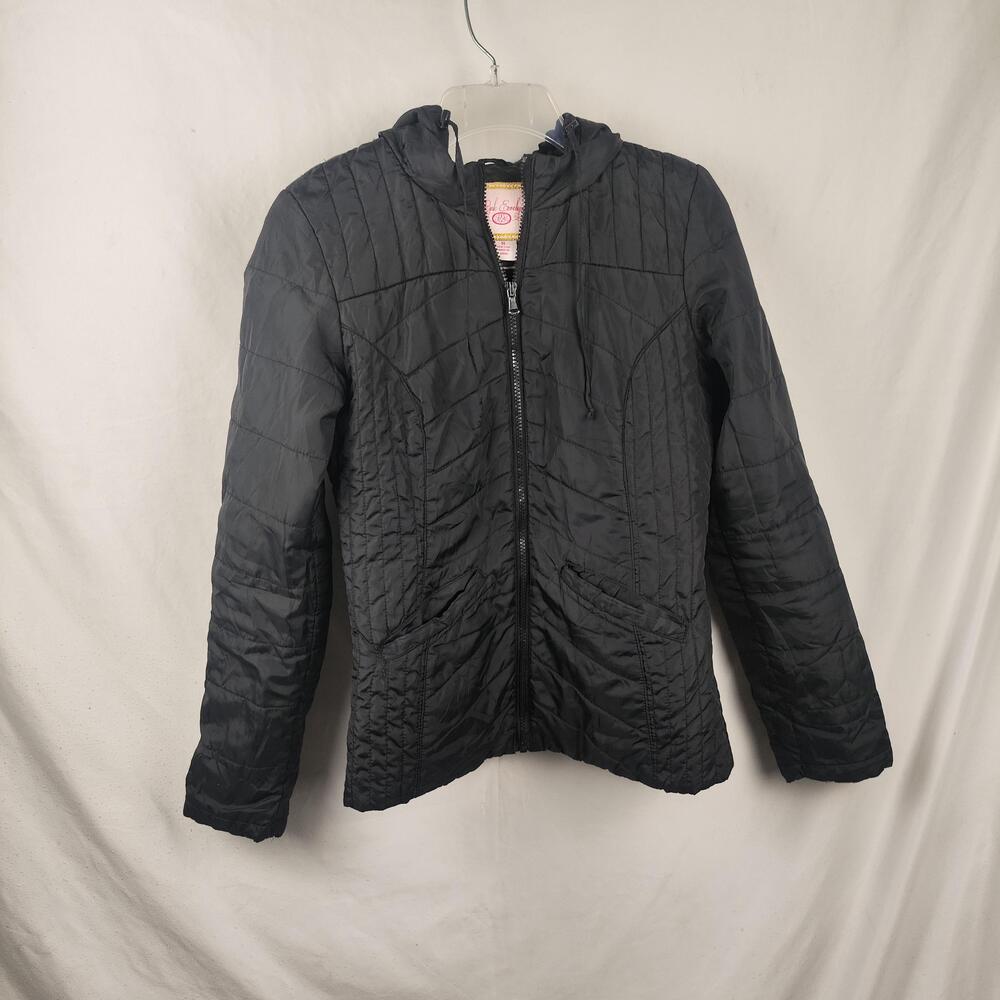 Pink Envelope Jacket Womens Small Black Quilted Hooded Zip Pockets Lightweight
